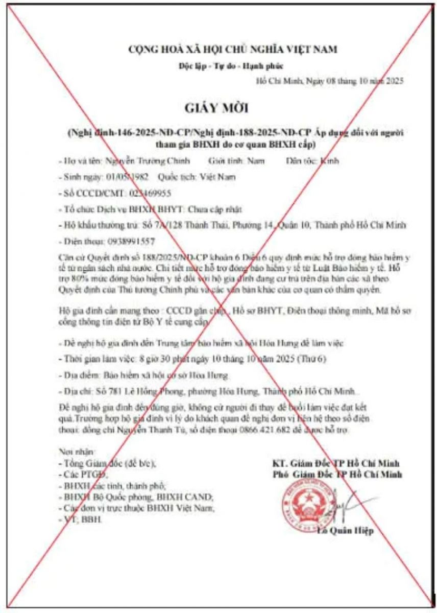 Xuất hiện ''giấy mời'' giả mạo BHXH TP Hồ Chí Minh để lừa đảo