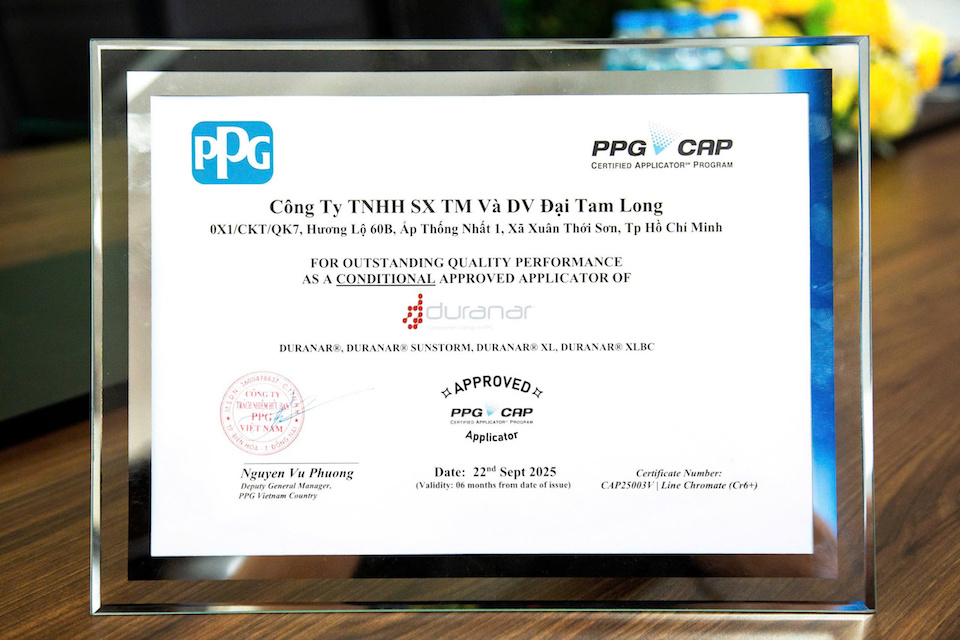 Đại Tam Long đạt chuẩn bảo hành sơn PVDF AAMA 2605 theo chứng nhận của PPG (Mỹ)