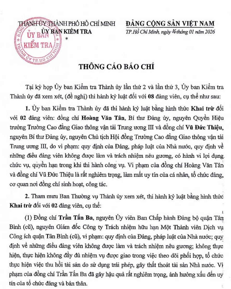 Thành ủy TP Hồ Chí Minh kỷ luật 8 đảng viên: 4 trường hợp bị khai trừ khỏi Đảng