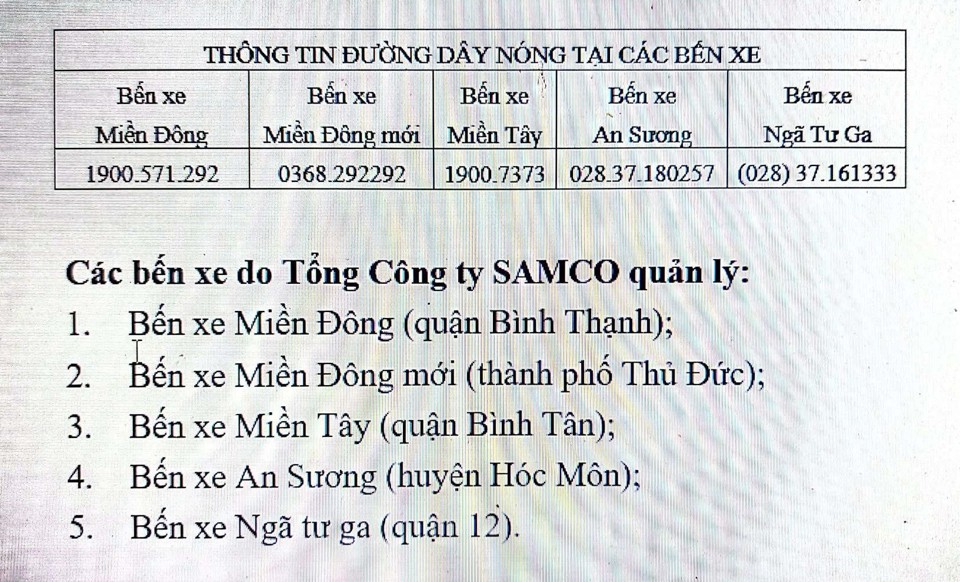 Số điện thoại đường dây nóng tại 5 bến xe khách ở TP Hồ Chí Minh do Tổng Công ty SAMCO quản lý. Ảnh: Tân Tiến.